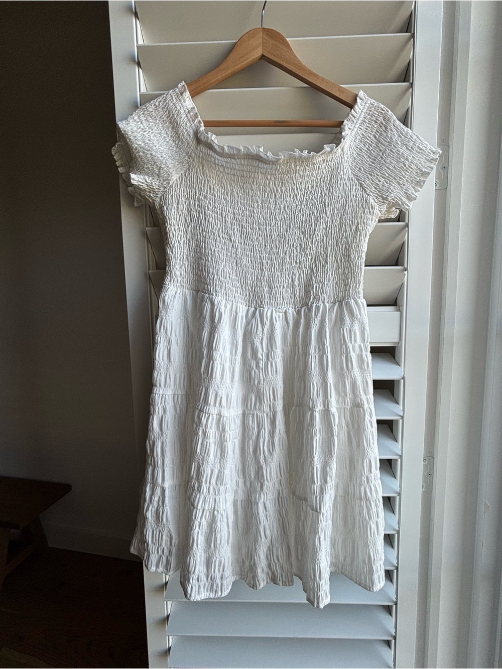 WomensWhite Smocked Short Sleeve Dress